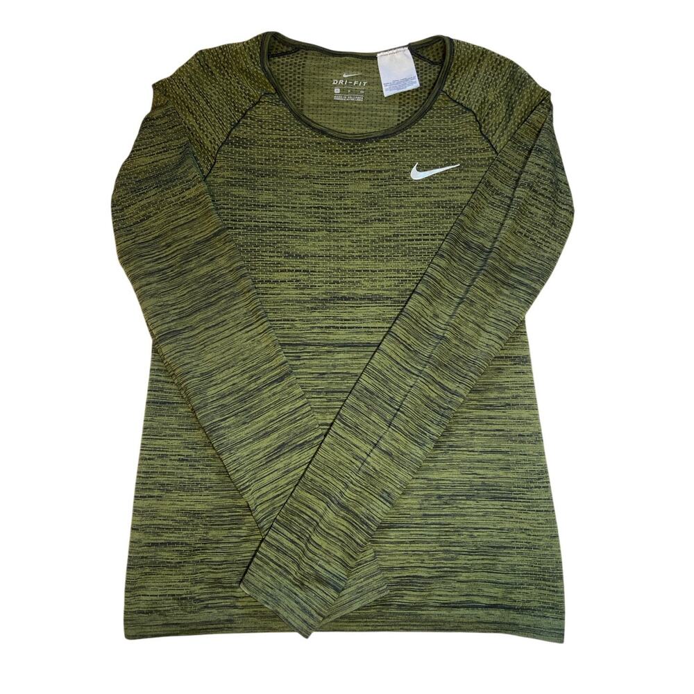 Nike Dri-FIT Crew Neck Long Sleeve Top Thumbholes Breathable Running Green Small